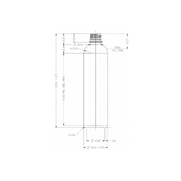 The image shows a clear, empty plastic bottle with a standard cylindrical shape and no label. The bottle has a narrow neck with threading for a cap and gently sloping shoulders that lead to the wider body. The base is slightly indented for stability. This product is the Resilux 16.9oz PET Bottle.
