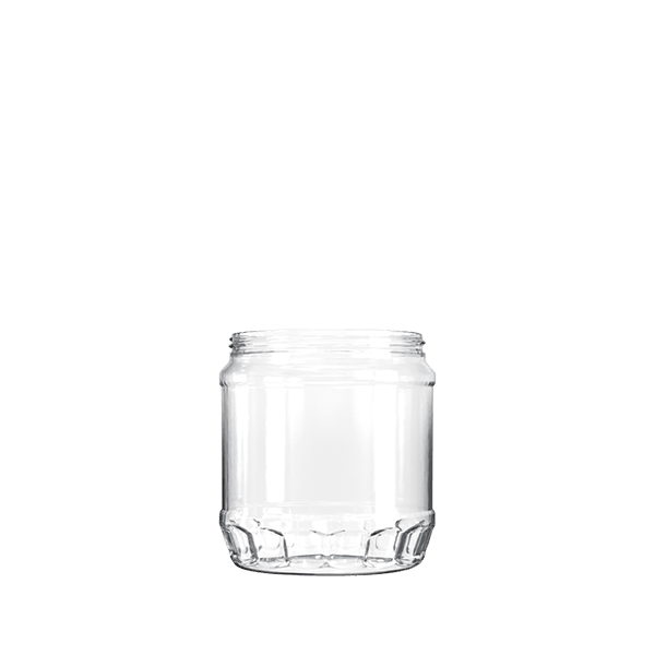 The image shows the Resilux 20.5oz PET Jar A205E0N. It is a clear, cylindrical plastic jar with a wide mouth opening. The jar is transparent, allowing the contents to be easily visible. The surface is smooth, and it has a simple, clean design with no additional markings or labels.