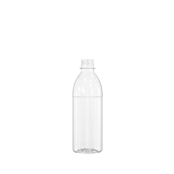 The image shows a Resilux 16.9oz PET Bottle (B500E5Q). The bottle is transparent and cylindrical with a narrow neck and a standard screw-top opening. The surface of the bottle is smooth, and it appears empty without any labels or branding. The overall design is simple and functional, suitable for containing beverages.