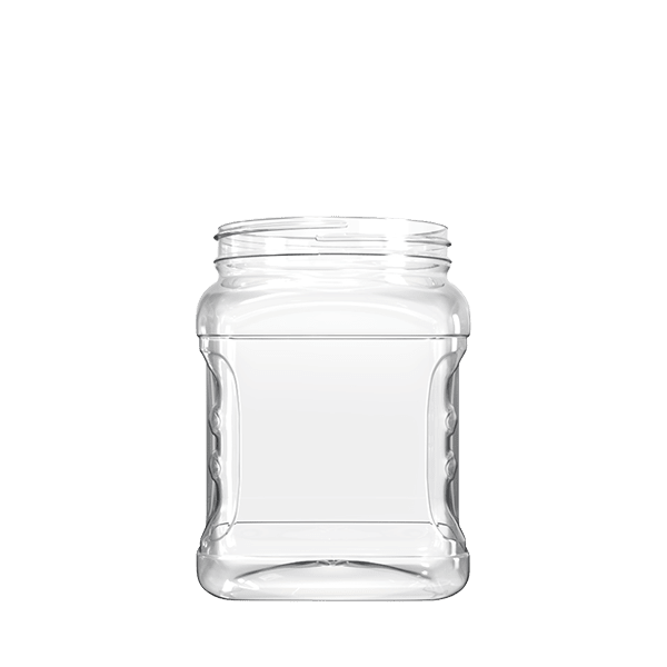 The image shows a clear, cylindrical plastic jar with a screw-on lid. The jar is empty and made from PET (Polyethylene Terephthalate) material. It has a wide mouth, making it suitable for storing various items. The product is the Resilux 64.0oz PET Jar.