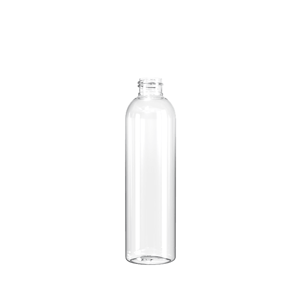 Image of a Resilux 24.0oz PET Bottle (A240E9T). The bottle is clear and has a cylindrical shape with smooth, straight sides. It features a narrow neck and a threaded top suitable for a screw cap. The overall design of the bottle is simple and functional, intended for holding beverages or other liquids.