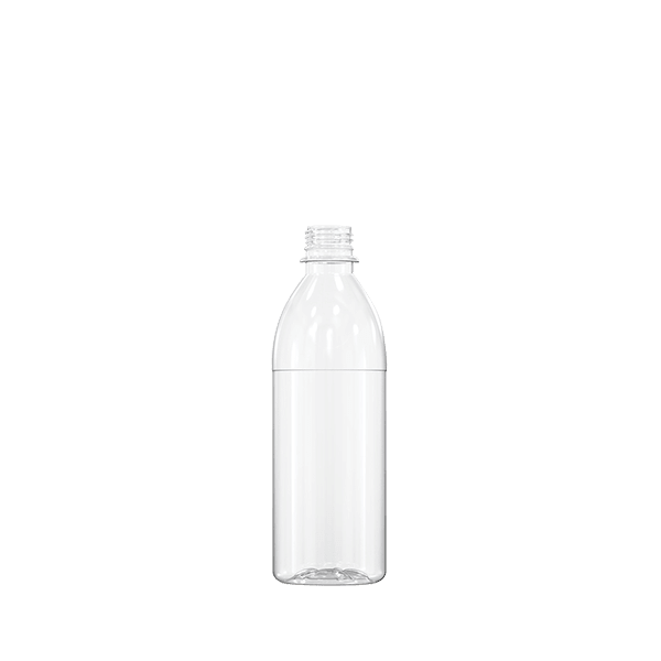 The image shows a clear, empty plastic bottle with a smooth cylindrical shape and a slight taper toward the neck. The bottle has a screw-top neck designed to fit a cap. This product is the Resilux 16.0oz PET Bottle. The bottle is transparent, allowing the contents to be visible when filled. The simplicity of the design makes it suitable for various liquids.