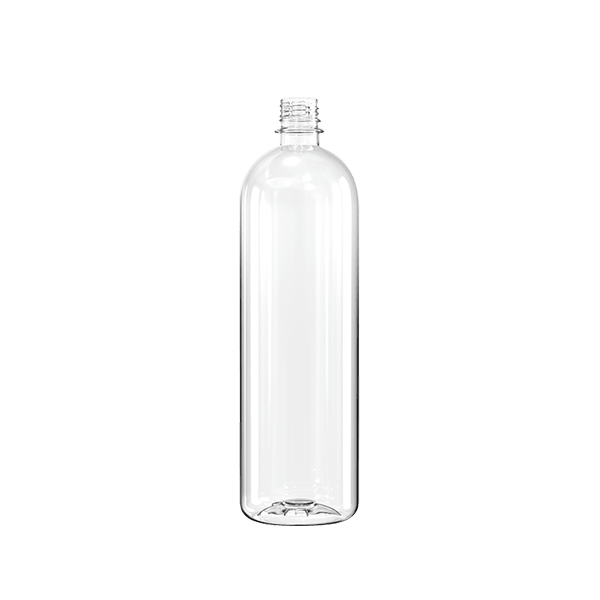 The image features a clear PET bottle with a cylindrical shape. The bottle has a narrow neck and a standard screw cap. It is labeled as the "Resilux 33.8oz PET Bottle." The bottle appears transparent, showcasing its smooth surface and uniform design.