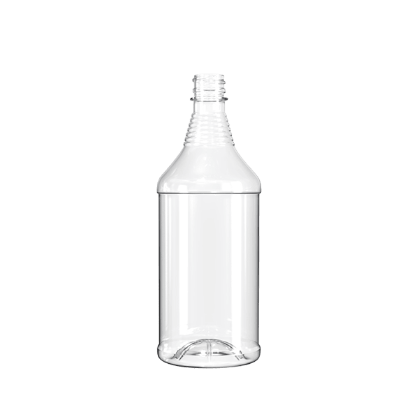 The image features the Resilux 32.0oz PET Bottle A320E1A. The bottle is made of clear plastic, allowing its contents to be visible. It has a cylindrical shape with smooth sides and a slightly tapered neck that leads up to a standard screw-top opening. The bottle is simple and functional, designed for holding liquids.