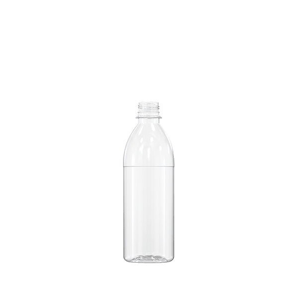The image shows a clear plastic bottle, specifically the Resilux 16.9oz PET Bottle (B500G1B). The bottle features a standard cylindrical shape with a slightly tapered neck and a screw-top finish. The transparent material allows the contents to be visible, and there are no labels or markings on the bottle. The design is simple and functional, suitable for holding beverages.