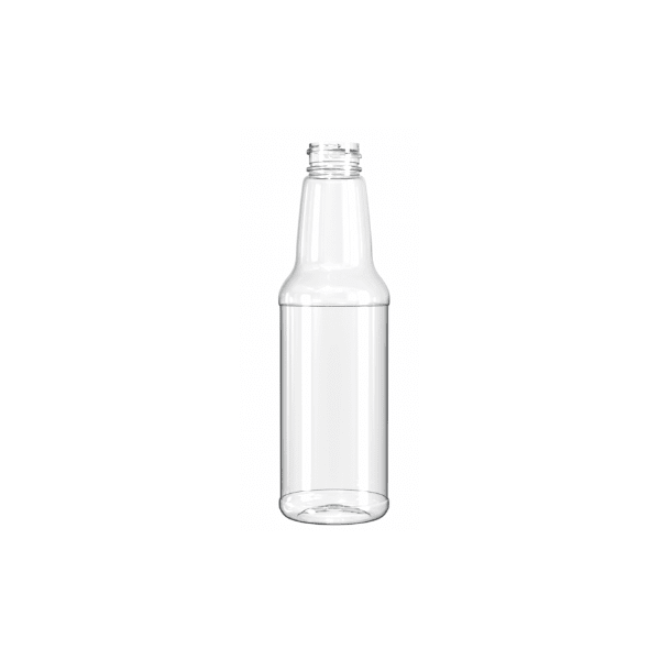 The image depicts the Resilux 12.7oz PET Bottle. The bottle is transparent with a smooth surface and cylindrical shape, tapering slightly towards the top. It has a standard screw-top neck designed for a cap closure. The bottle appears empty and is displayed against a plain, white background.