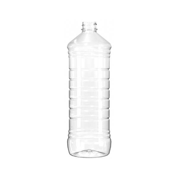 The image shows a clear, cylindrical Resilux 48.0oz PET bottle. The bottle has smooth, transparent walls and a standard screw-top opening. It is empty and stands upright, showcasing its ample capacity for various liquid contents. The design of the bottle is simple and functional, highlighting its versatility for packaging needs.