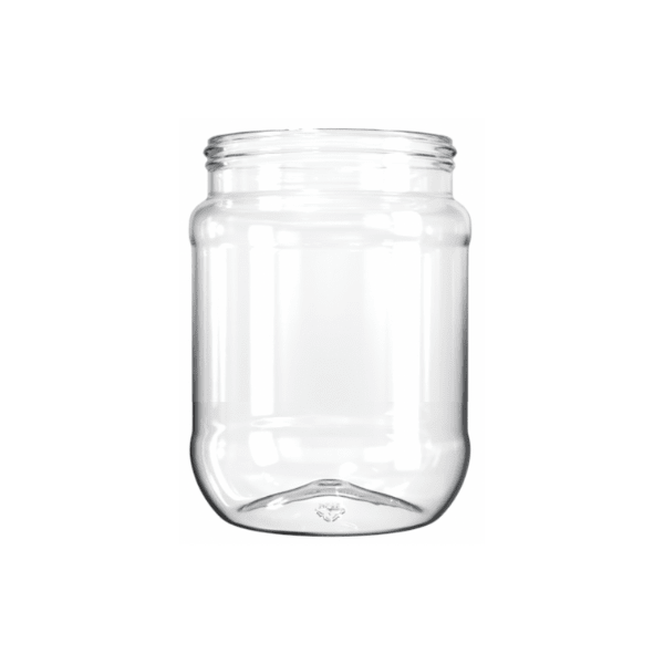 The image shows a clear, cylindrical plastic jar with a wide mouth and a screw-top lid. The jar, known as the Resilux 15.0oz PET Jar (A150E37), is transparent, allowing its contents to be easily visible. The jar has a smooth surface and a solid, flat base, which provides stability when placed on a flat surface. The screw-top lid is also made of plastic and is designed to securely seal the jar.