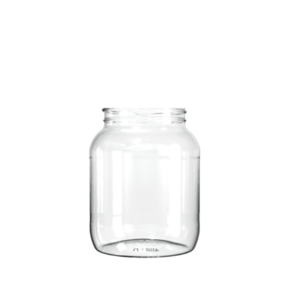 The image displays the Resilux 64.0oz PET Jar (A640E0V). The jar is cylindrical with a wide mouth and a clear, smooth surface. It appears to be empty and is made of transparent PET plastic, allowing the contents to be easily visible when filled. The jar has a threaded neck designed for a screw-on lid, although the lid is not shown in the image. The overall design is simple and functional, suitable for storing a variety of contents.