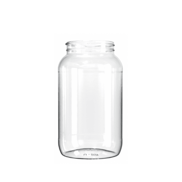 The image shows the Resilux 125.0oz PET Jar (A1250E0W). It is a large, transparent plastic jar with a cylindrical shape and a wide mouth opening. The jar has smooth sides and a screw-on lid, also made of clear plastic. The overall design is simple and functional, suitable for storing a variety of contents.