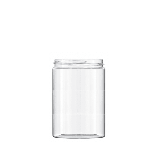 The image shows the Resilux 32.0oz PET Jar. It is a clear, cylindrical plastic container with smooth sides and a wide mouth opening. The jar has a simple, functional design suitable for holding various contents. The transparency of the PET material allows for easy visibility of the stored items.
