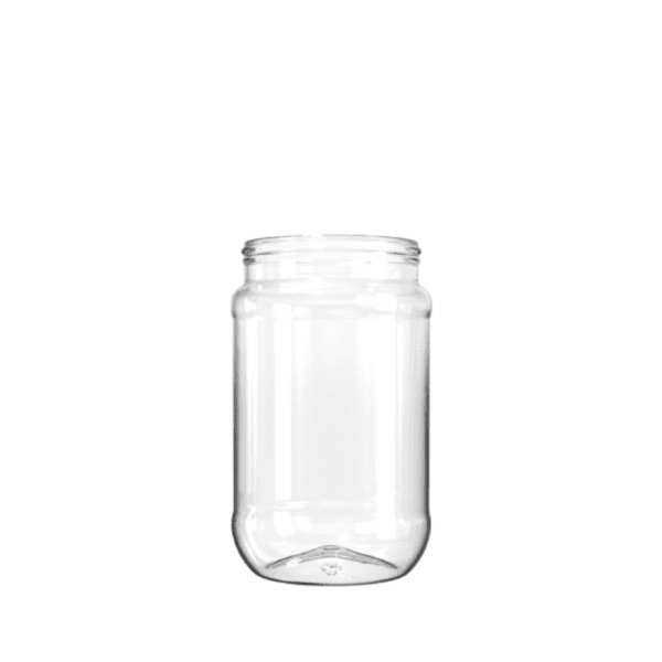 The image shows a clear plastic jar with a screw-top lid. The jar appears to be empty and is made from transparent PET (polyethylene terephthalate) material. It has a cylindrical shape with smooth, straight sides and a wide mouth opening, suitable for storing various types of products. The product name is "Resilux 18.0oz PET Jar."