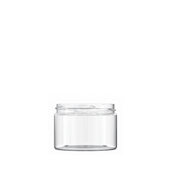 The image shows a clear, cylindrical PET jar with a wide mouth and a smooth, transparent surface. The jar has a simple, modern design and appears to be empty. It is the Resilux 12.0oz PET Jar, model A120G0C. The jar is shown without any labels or lids, highlighting its sleek and versatile appearance.