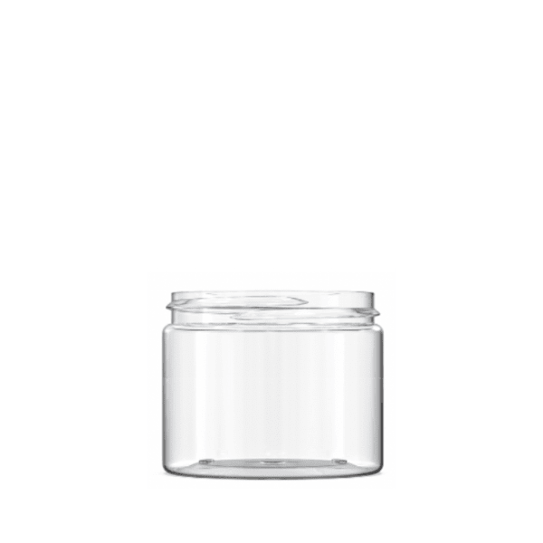 The image shows a Resilux 16.0oz PET Jar (A160E8L). It is a clear, cylindrical plastic container with a wide opening and smooth sides. The jar has a screw-top neck, designed to accommodate a matching lid. The transparent nature of the jar allows full visibility of its contents.