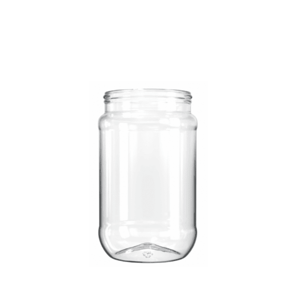The image shows the Resilux 32.0oz PET Jar, model A320E0S. The jar is made of clear plastic, showcasing a cylindrical body with a wide mouth and a smooth surface. The wide mouth design suggests ease of filling and dispensing contents. The jar is empty, and no labels or branding are visible on the surface.