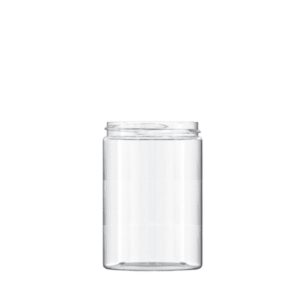 The image shows a clear, cylindrical PET jar with a wide-mouth opening and a smooth, flat base. The jar is empty and has no label. The product is the Resilux 22.0oz PET Jar.