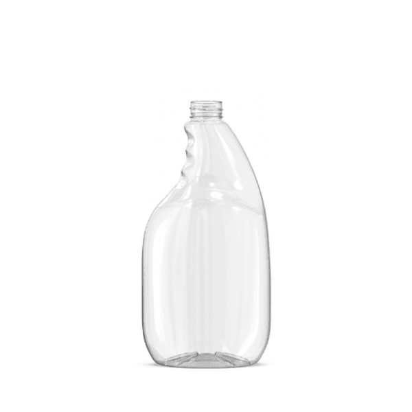 The image shows a clear, 33.8-ounce PET bottle from Resilux. The bottle has a cylindrical shape with smooth, straight sides and a slightly narrower neck that leads up to a screw cap. The transparency of the bottle allows its contents to be visible. There are no labels or markings on the bottle, giving it a clean and minimalistic appearance. 