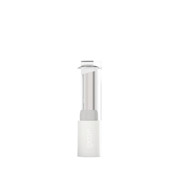 The image shows a sleek cylindrical lip balm container labeled as the JCOP 0.1oz ABS Lip Stick. The container is primarily white with a smooth, glossy finish. The cap is slightly rounded at the top and fits snugly over the base, which holds the lip balm. The design is minimalist and modern, suitable for cosmetic use.