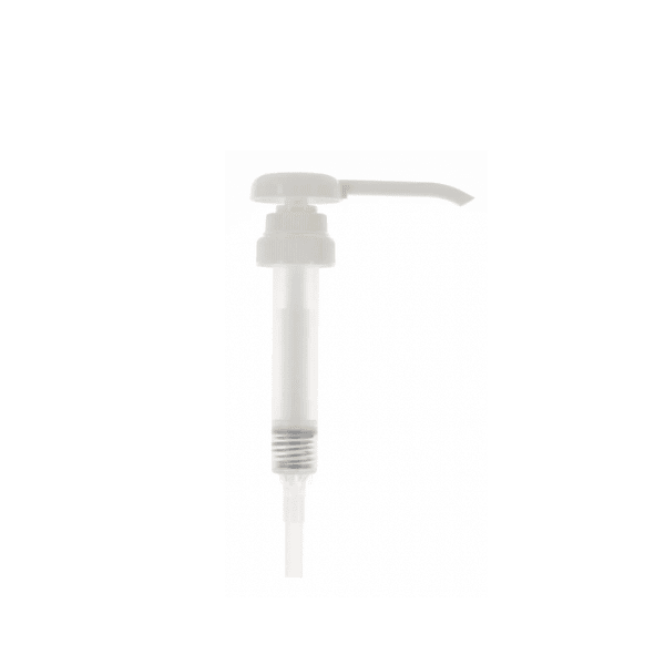 The image shows the APG Packaging PP Pump (38/400). It is a white plastic pump dispenser with a ribbed screw cap designed to fit bottles with a 38/400 neck finish. The pump features a long dispensing nozzle and a textured collar for better grip during use.