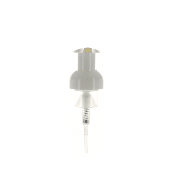 The image shows the APG Packaging PP Pump 40-410 (Model: APG-R701-40A-AA-WT). The product is a white plastic pump dispenser with a ribbed cap for better grip. The pump features a long, slender nozzle designed for dispensing liquid products. The overall design is simple and functional, making it suitable for various types of liquid containers.