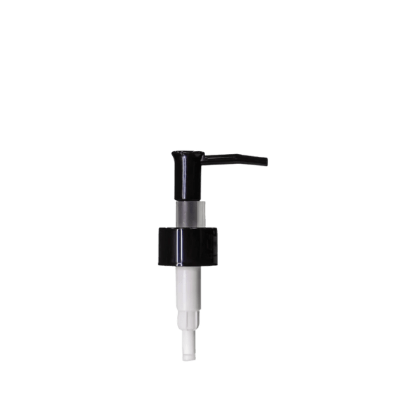 The image shows the APG Packaging PP Pump 28/410 APG-P-02-BK. This is a black plastic pump dispenser typically used for bottles. The pump features a ribbed neck for secure attachment to a bottle, a long, slender nozzle for dispensing liquid, and a smooth actuator for easy pressing. The pump is designed with a simple and functional aesthetic, suitable for a variety of liquid products such as lotions, soaps, or shampoos.