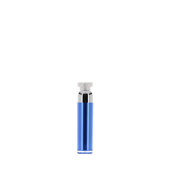 The image shows the APG Packaging 1.7oz Mixed Material Airless Bottle (APG-50-0.25). It is a sleek, cylindrical bottle with a transparent body and a white airless pump mechanism. The bottle has a smooth, clean design, with the pump located at the top and a protective cap that covers it. The transparent body allows visibility of the product inside, and the overall look is modern and minimalistic.