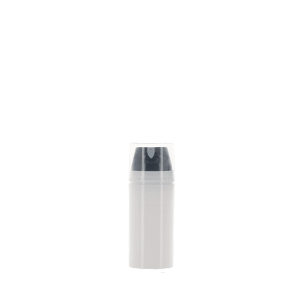 The image shows the APG Packaging 2.5oz PP Airless Bottle (APG-D13-35-75). The bottle has a sleek, cylindrical design with a transparent body and a white pump dispenser on top. The base is slightly wider than the body, providing stability. The overall appearance is modern and functional, suitable for dispensing lotions or other liquid products.