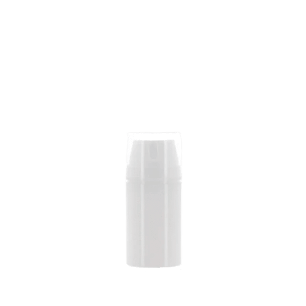 The image shows the APG Packaging 3/4oz PP Airless Bottle (APG-D2-35-100). The bottle is sleek and cylindrical with a clear, transparent body that allows the contents to be visible. It features a white pump dispenser at the top, which is designed for easy and controlled dispensing of the product. The bottle has a minimalist design with smooth surfaces and a modern appearance.