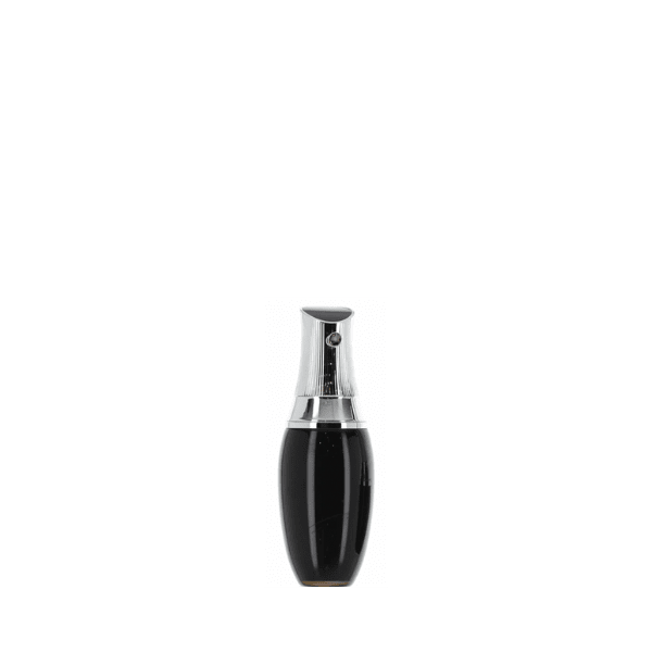 The image shows the APG Packaging 3.4oz Mixed Material Bottle (APG-200130). The bottle has a cylindrical shape with a clear body, allowing the contents inside to be visible. It features a smooth, flat shoulder that transitions to a sleek, silver-colored cap. The cap appears metallic and adds a polished look to the overall design. The bottle looks elegant and modern, suitable for various liquid products such as cosmetics or personal care items.