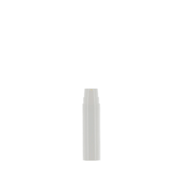 The image depicts a 0.5oz PE Airless Bottle by APG Packaging. The bottle features a sleek, cylindrical shape with a smooth, white exterior. It has a clear cap that fits snugly over the dispensing pump, which is also white. The overall design is modern and minimalistic, making it suitable for a variety of cosmetic or skincare products.