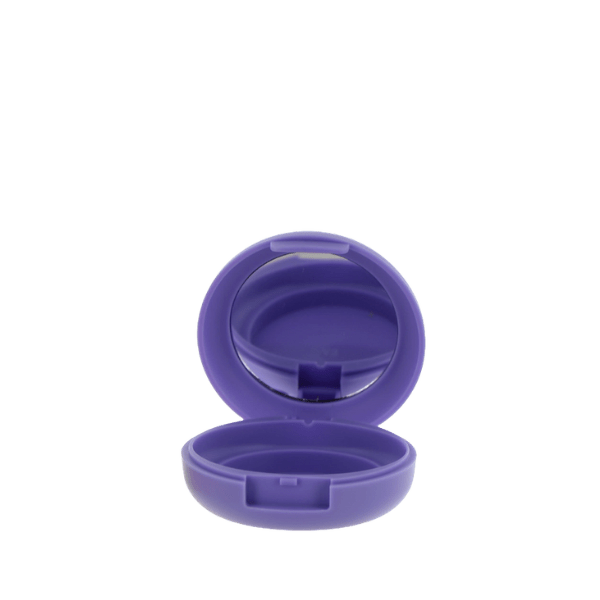 The image features the APG Packaging 0.0oz Mixed Material Compact (APG-400024). The compact has a sleek, circular design with a glossy white finish. The lid is slightly domed and appears to have a smooth, reflective surface. The base is similarly glossy and white. The compact is closed, showing its seamless and elegant exterior, with no visible hinges or clasps on the front. The overall design is minimalist and modern.