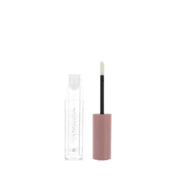 The image shows the APG Packaging 0.1oz Mixed Material Lip Gloss Tube (APG-420304). The lip gloss tube is cylindrical with a clear body that reveals the product inside. It has a sleek, silver cap that complements the transparent tube, giving it a modern and elegant look. The applicator wand is visible through the clear container, highlighting the product's ready-to-use design.