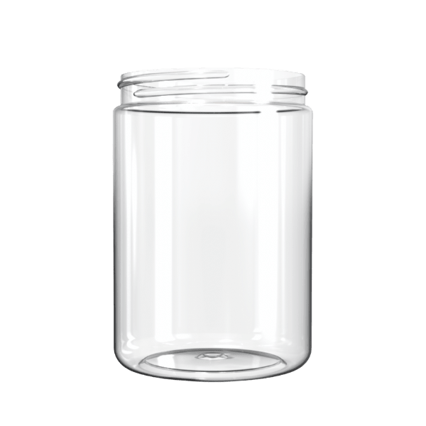 The image shows a clear plastic jar with a screw-top lid. The jar has a cylindrical shape with smooth, transparent surfaces, allowing the contents inside to be easily visible. The product is named "Resilux 25.0oz PET Jar A250G65." The design is simple and functional, suitable for a variety of uses.