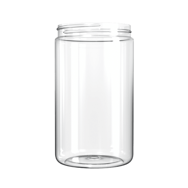 The image shows a clear plastic jar with a wide mouth and straight sides. The jar is made of PET (polyethylene terephthalate) and has a smooth, cylindrical shape. It is the Resilux 32.0oz PET Jar A320G66. The jar appears to be empty and is displayed against a plain white background, which highlights its transparency and shape.