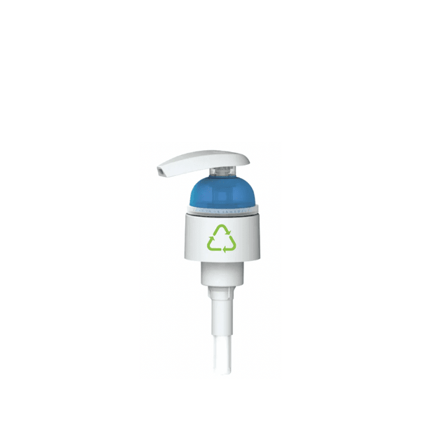 Image of APG Packaging PP Pump 33-410. The product features a white plastic pump dispenser with a ribbed collar and a smooth, cylindrical pump head. The pump is designed for dispensing liquids and is shown in a neutral background, highlighting its clean and functional design.