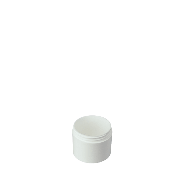 The image shows a Mold-Rite Plastics 2.0oz PP Jar. It is a small, cylindrical container made of white polypropylene plastic, with a smooth finish and an opaque appearance. The jar has a wide-mouth opening, making it suitable for holding various types of contents. The lid is not shown in the image. The jar's simple and clean design is evident, making it versatile for different uses.