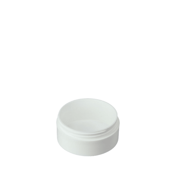 The image shows a Mold-Rite Plastics 2.0oz PP Jar. The jar is a small, cylindrical container made of clear plastic, with a smooth surface and a screw-on lid. The transparency of the jar allows the contents inside to be visible, making it ideal for holding various products like creams, gels, or other substances. The lid appears to be securely attached, ensuring the jar's contents are sealed properly.