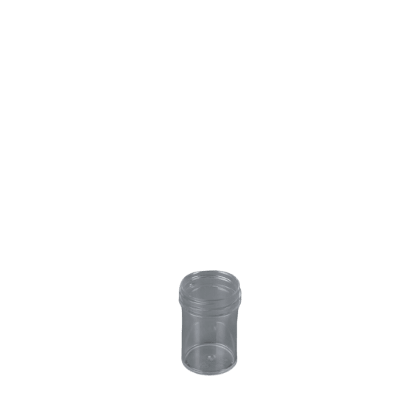 The image shows a Mold-Rite Plastics 1.3oz PS Jar. It is a small, clear plastic jar with a cylindrical shape and a smooth, flat base. The jar has a wide opening at the top, suitable for easy filling and dispensing of its contents. The clear material allows the contents to be visible from the outside. The overall design is simple and functional, ideal for storing small quantities of products.