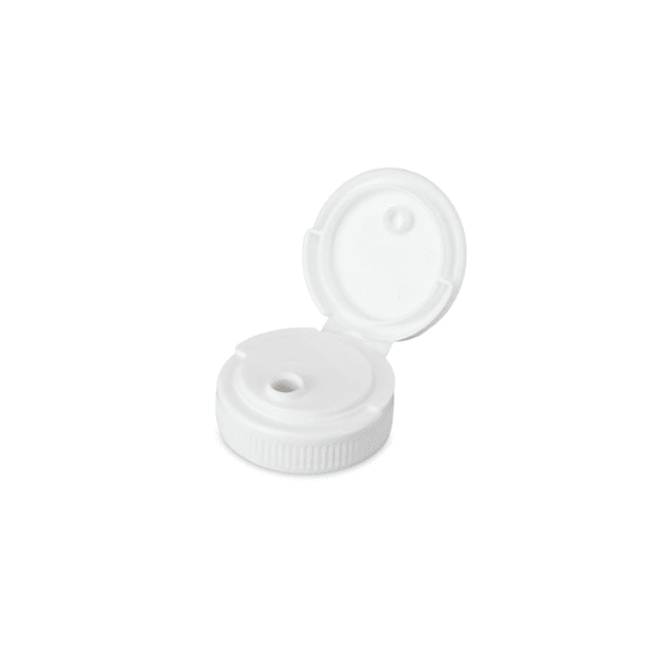 The image features a Mold-Rite Plastics PP Flip-Top Cap 38-400. The cap is made of plastic and has a smooth, rounded design. It is white in color and has a hinge that allows the top to flip open and close securely. The flip-top mechanism includes a small, circular tab for easy opening. The cap is designed to fit onto containers with a 38-400 neck finish.