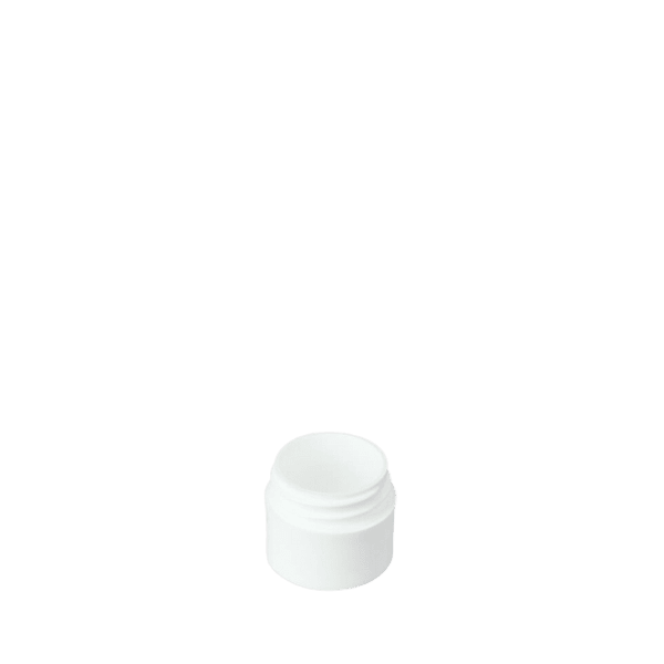 The image shows a small, clear plastic jar with a white screw-on lid. The jar is cylindrical in shape and appears to be empty. This is the Mold-Rite Plastics 0.3oz PP Jar. The transparent body allows the contents to be visible, and the white lid provides a secure closure.