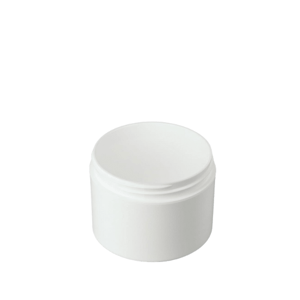 The image shows a Mold-Rite Plastics 8.0oz PP Jar. It is a clear, cylindrical plastic container with a smooth surface and a wide-mouth opening. The jar is empty, showcasing its transparency and the thickness of the plastic material. The lid is not shown in the image. 