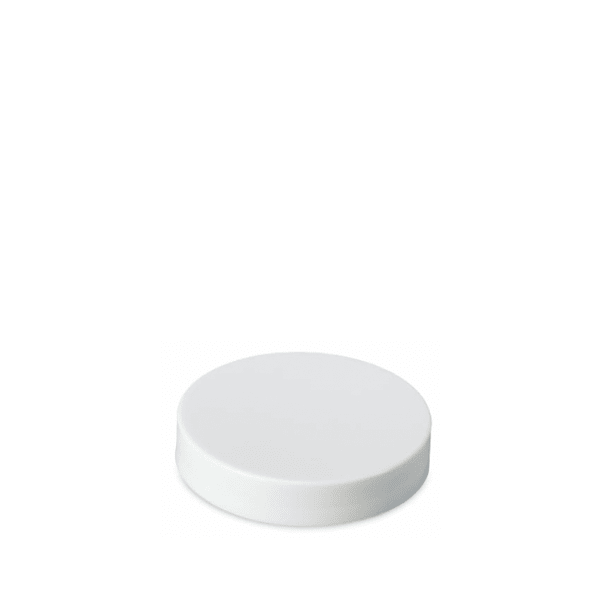 The image displays a Mold-Rite Plastics PP Threaded Closure 58-400 SS058. The product is a white, circular plastic cap with ridged edges for easy gripping and twisting. The closure is seen from a top-down perspective, clearly showing the flat, smooth surface of the cap. The threading on the inside of the cap, which allows it to be securely fastened to a compatible container, is not visible in this view.