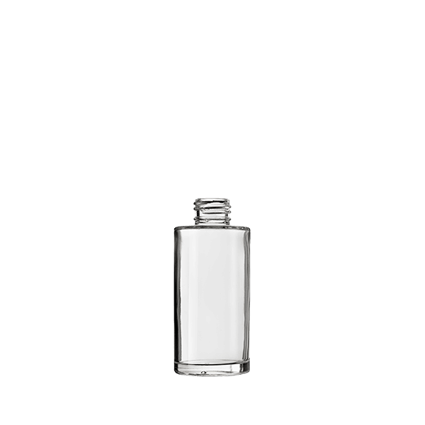 The image shows a clear, cylindrical glass bottle with a slight taper towards the neck. The bottle, named Calaso 3-4oz Glass Bottle, has smooth, transparent sides and a flat base. The neck of the bottle is designed to fit a screw cap or dropper, which is not shown in the image. The overall design of the bottle is sleek and modern, suitable for holding liquids like oils or serums.