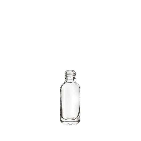 The image features the Calaso 0.3oz Glass Bottle. It is a small, cylindrical, transparent glass bottle with a smooth surface. The bottle has a narrow neck and an opening designed for a screw-on cap (not shown in the image). The overall design is sleek and minimalistic, suitable for holding small quantities of liquid products like essential oils, serums, or other cosmetic items.