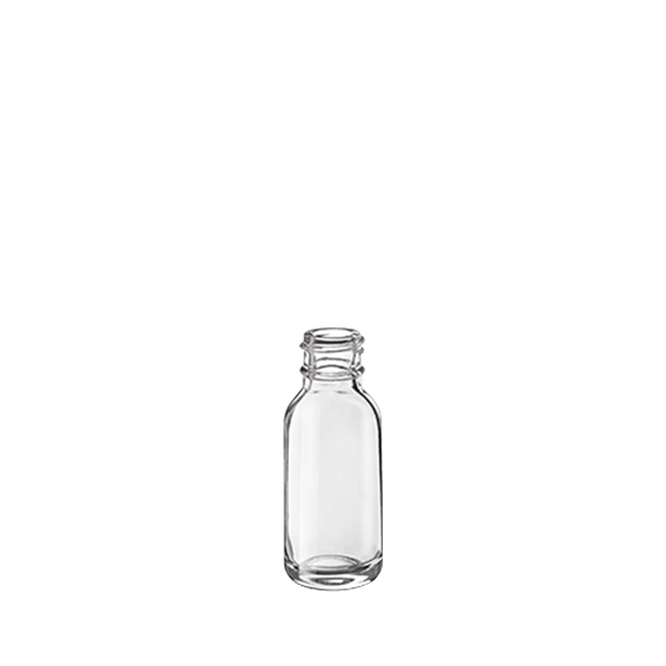 The image shows the Calaso 0.5oz Glass Bottle. The bottle is small and clear, made of transparent glass. It has a cylindrical shape with smooth, straight sides and a flat base. The neck of the bottle is relatively short and narrow, designed to accommodate a screw-on or dropper cap (not shown in the image). The overall appearance is sleek and minimalistic, suitable for storing small quantities of liquids such as essential oils, serums, or other cosmetic products.