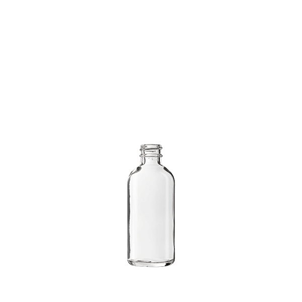 The image displays a clear glass bottle named "Calaso 2.0oz Glass Bottle." The bottle has a cylindrical shape with smooth, straight sides and a flat base. The neck of the bottle is narrow and threaded, designed to accommodate a screw cap or dropper. The glass is transparent, providing a clear view of the contents inside. The overall design is minimalist and elegant, suitable for various liquid products.