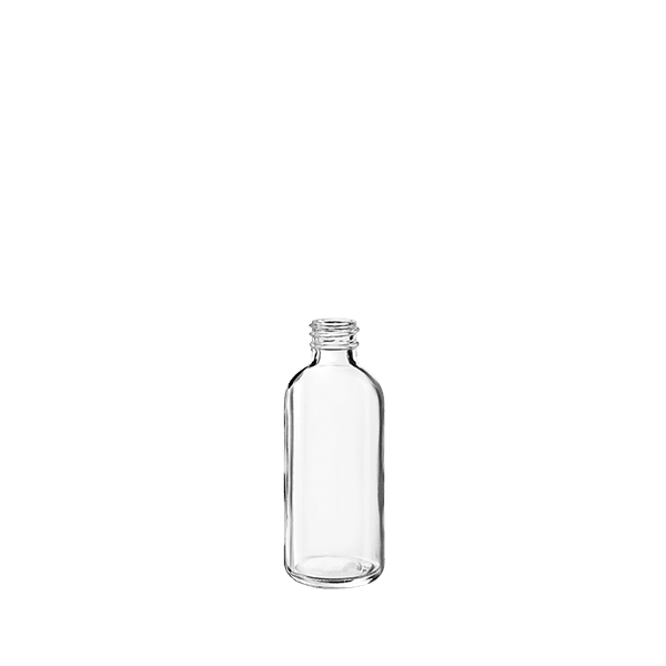The image shows the Calaso 2.0oz Glass Bottle by Glasmeister. It is a clear, cylindrical glass bottle with a smooth surface and a rounded shoulder. The bottle has a narrow neck and is topped with a silver screw cap. The overall design is simple and elegant, suitable for storing liquids like oils, serums, or other cosmetic products.
