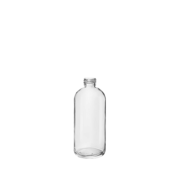 The image shows the Calaso 6.8oz Glass Bottle HF13844-100. It is a clear, cylindrical glass bottle featuring a smooth surface with no labels or markings. The bottle has a narrow neck and a threaded top designed for a screw cap closure. The overall design is sleek and minimalist, reflecting a modern aesthetic.