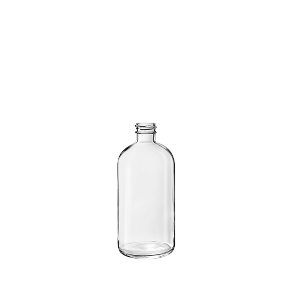 The image shows the Calaso 8.5oz Glass Bottle. It is a clear glass bottle with a cylindrical shape and a smooth surface. The bottle has a narrow neck and a screw-top opening, suitable for attaching a cap or dispenser. The design is simple and elegant, making it versatile for various uses.
