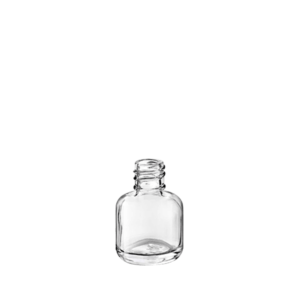 The image displays a Calaso 0.5oz glass bottle. The bottle is clear and cylindrical with a smooth surface, and it features a wide neck that tapers slightly towards the top. The bottle is shown without a cap, highlighting its open top and the thickness of the glass. The background is plain white, which emphasizes the transparency and clean design of the bottle.